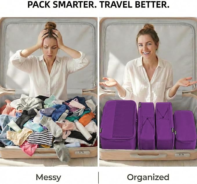 4 Piece Compression Packing Cubes for 3–7 Day Travel, Space Saving Travel Organizers with Breathable Mesh, Double-Zipper Packing Cubes for Carry-On & Suitcases (Purple) - Image 4