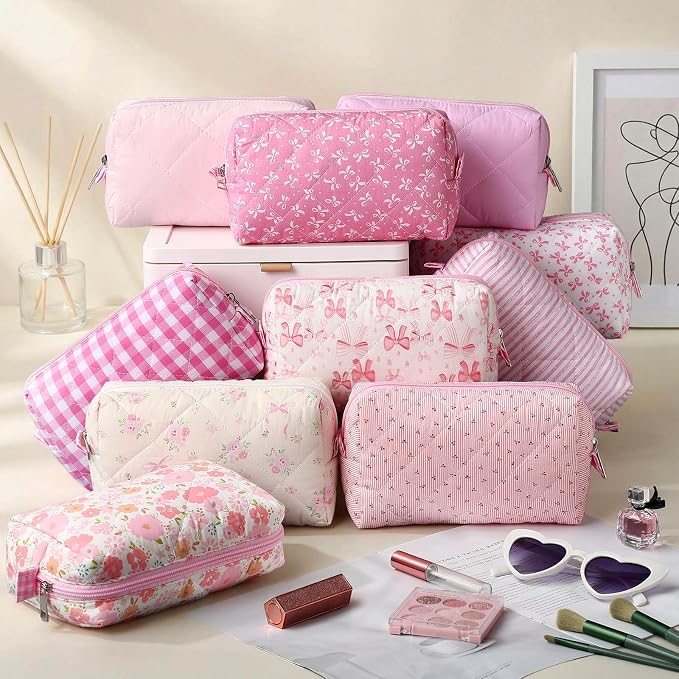 Paterr 10 Pcs Quilted Makeup Bag Bulk Cotton Floral Cosmetic Bag Women Girls Bridesmaid Gifts Cute Makeup Pouch Coquette Aesthetic Travel Toiletry Organizer(Bow Floral,7.87 x 4.72 x 3.15 Inches) - Image 4