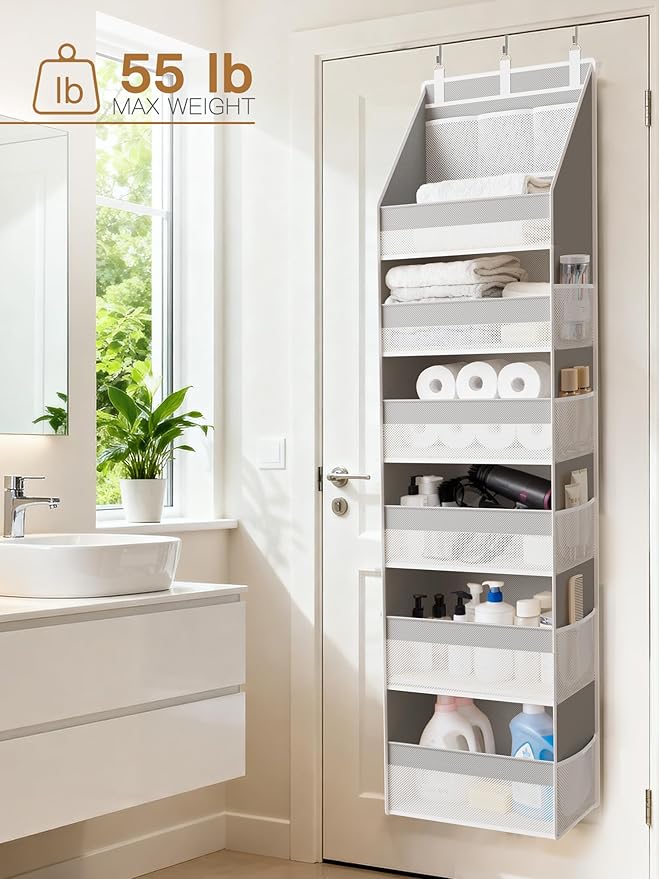 Criusia Over The Door Organizer, Heavy-Duty 6-Shelf Hanging Storage with 13 Mesh Pockets, 55lbs Capacity Behind The Door Storage for Nursery, Bathroom, Bedroom, and Dorm, Grey - Image 9