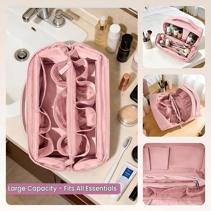 Fold Down Standing Makeup Bag – Large Travel Toiletry Organizer (Pink) | Parallel Design and Adjustable Dividers, Stands Upright or Folds Flat. Multiple Pockets Fit Full‑Size Cosmetics & Toiletries. - Image 5