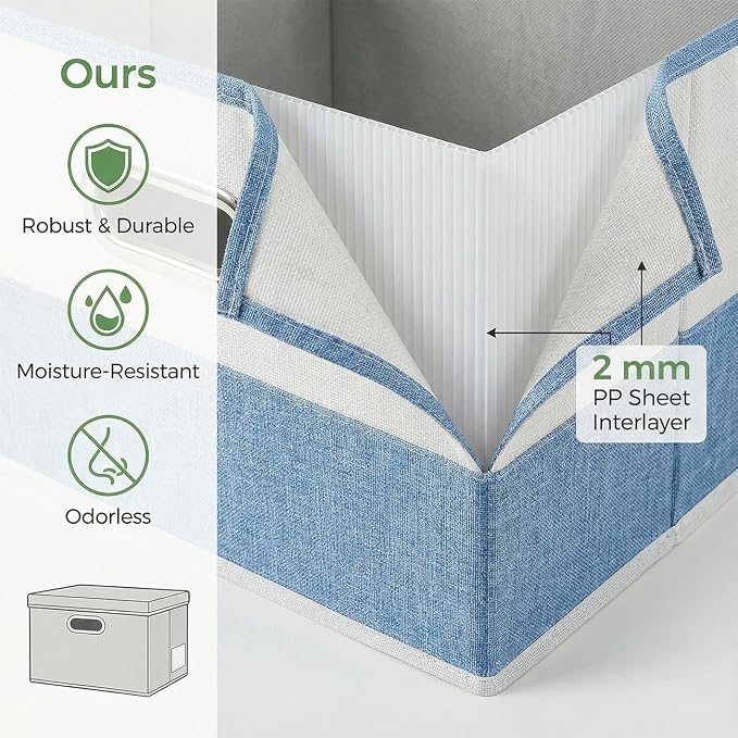 PRANDOM Storage Bins with Lids [3-Pack] Linen Fabric Foldable Storage Boxes Organizer Containers Baskets Cube with Cover for Bedroom Closet Office Blue&White（11.4X8.6X6.7 - Image 4