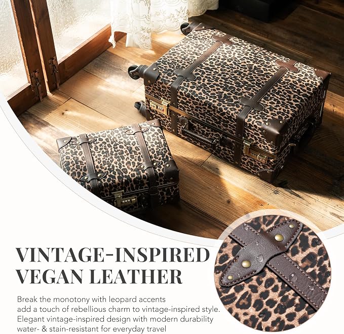 urecity Vintage Suitcase Set for Women, Vintage Luggage Sets for Women 2 Piece, Cute Designer Trunk Luggage, Retro Suit Case, Luggage Zipperless TSA Approved (Leopard, 26"+12") - Image 9