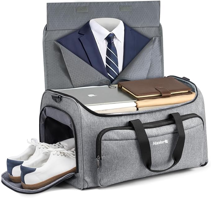 Hanke Carry On Garment Duffle Bag with Shoe Compartment, Light Grey | 55L Large Capacity with Multi-Pockets & Shoulder Strap, Wrinkle-Free, Water-Resistant, Portable Weekender for Business by Hanke