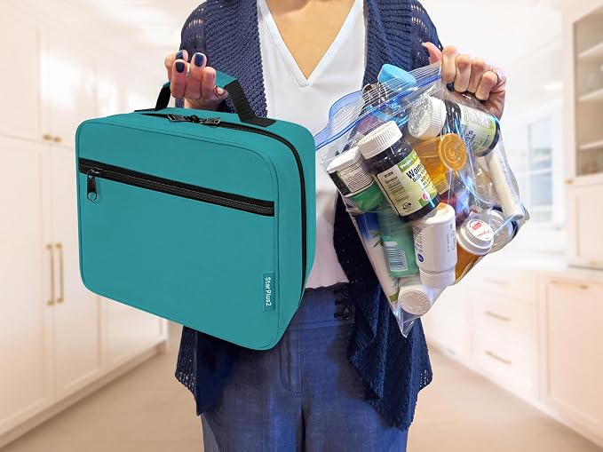 Large Pill Bottle Organizer & Medicine Bag for Travel, Turquoise | Prescription bottle organizer with 10 bottle pockets and padded storage for medication bottles, supplements, vitamins - Image 5