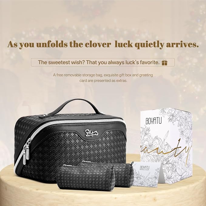 BOYATU Travel Makeup Bag for Women: Four Leaf Clover Large Capacity 3 Pcs Set Cosmetic Bags - Waterproof 50% Extra Space for Toiletry Organizer - Travel Essentials for Fortunate (06 Black) - Image 6