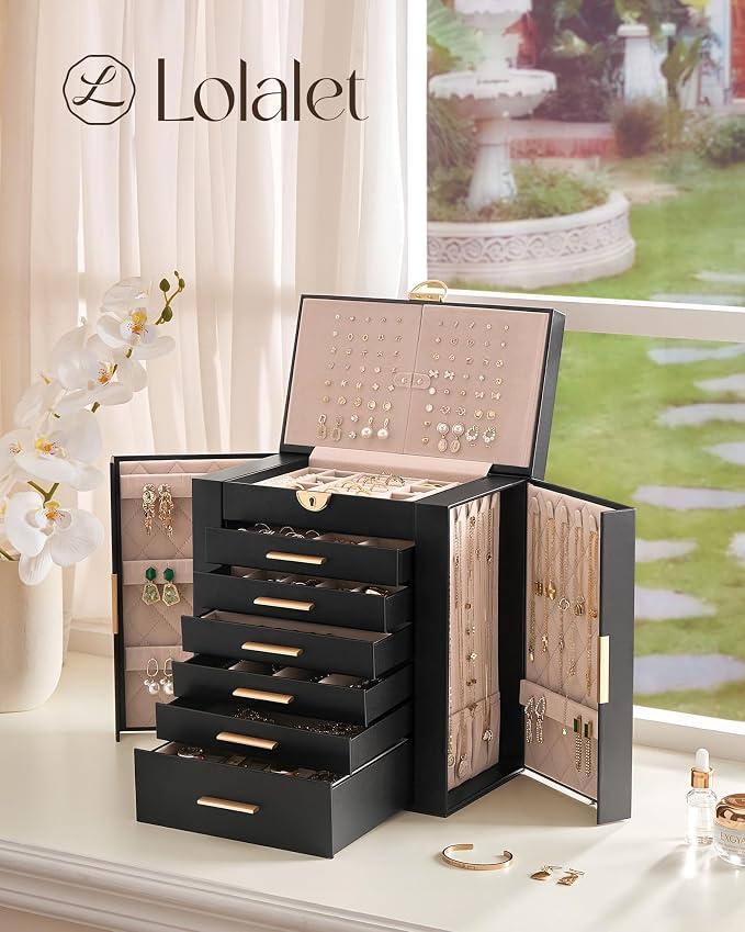Lolalet Large Jewelry Box Organizer for Women, 7-Layer Jewelry Organizers and Storage Case with Mirror & 6 Drawers, Lockable Watch Ring Earring Bracelet Necklace Holder Girls Gift -7Layer, Black - Image 5