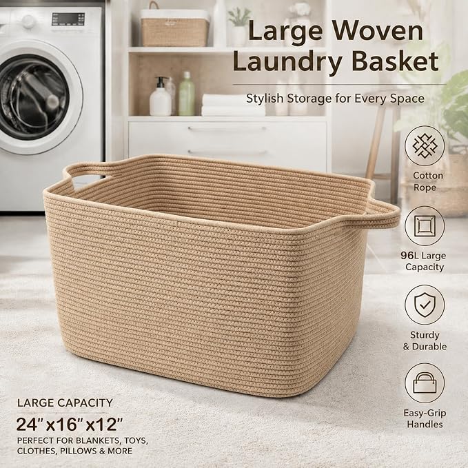 96L Extra Large Cotton Rope Laundry Basket with Sturdy Handles | 24x16x15 Foldable Rectangular Blanket Basket for Toys, Clothes & Pillows,Ideal for Nursery, Bathroom, Bedroom, Living Room - Image 5