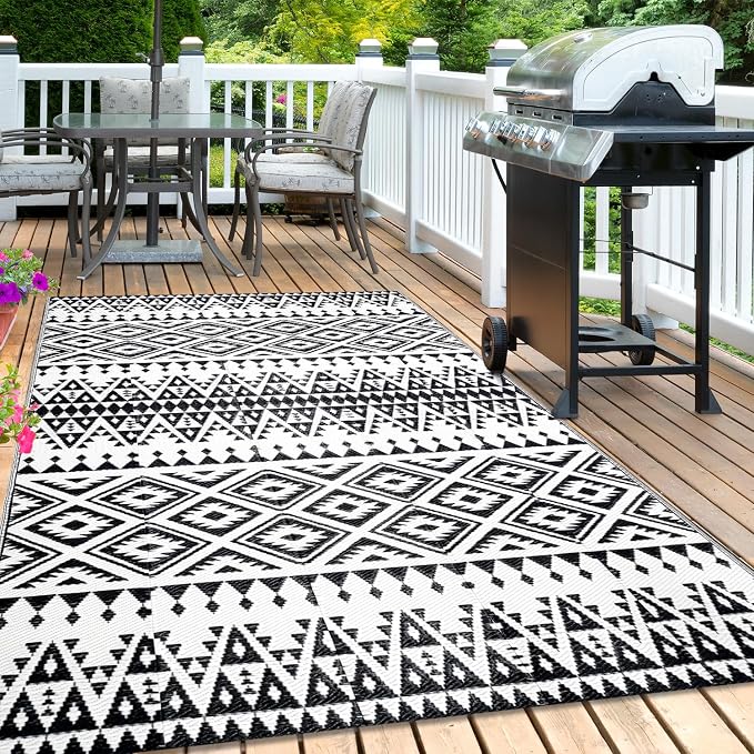 Waterproof Outdoor Rug 5x8ft, Bohemia Reversible Plastic Straw Mat for Patio RV Deck Porch Backyard Balcony Camping Picnic Beach Indoor Outdoor Carpet, Black&White - Image 6