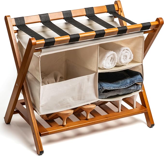 Fully Assembled Walnut Bamboo Folding Luggage Rack for Guest Room, 26.75" Folding Suitcase Stand with Removable Laundry Bag & Storage Shelf, Heavy Duty Foldable Luggage Stand for Bedrooms, Hotels, Airbnbs Holds 215lb by DomeNest