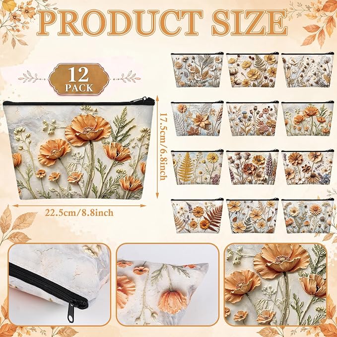 Sweetude 12 Pcs Fall Relief Flowers Makeup Bag Bulk Orange Autumn Portable Travel Cosmetic Bag with Zipper Fall Floral Waterproof Roomy Travel Toiletry Organizer Storage Beauty Pouch for Women Gifts - Image 3