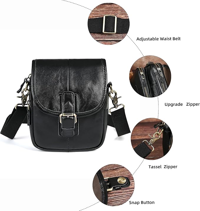 Water Resistant Canvas + Leather Hiking Riding Travel Fanny Waist Pack Small Phone Pouch For Men Women FB811-29 (1168-Black) - Image 5