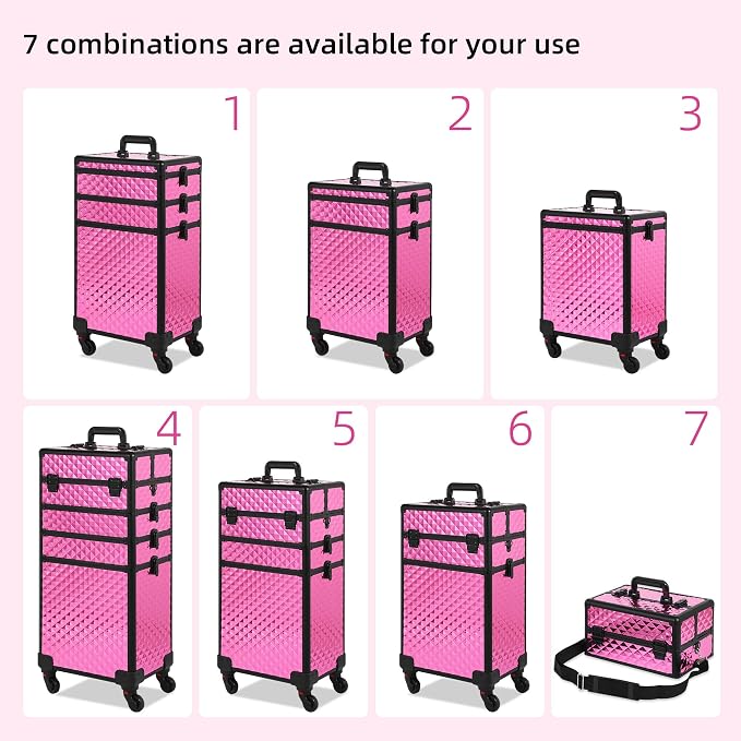 Somduy Rolling Makeup Case, Makeup Train Case with Lid, 5 in 1 Cosmetology Case on Wheels, Christmas Gift, Large Makeup Organizers, Profesional Cosmetic Case for Salon Barber, Rose Red - Image 2