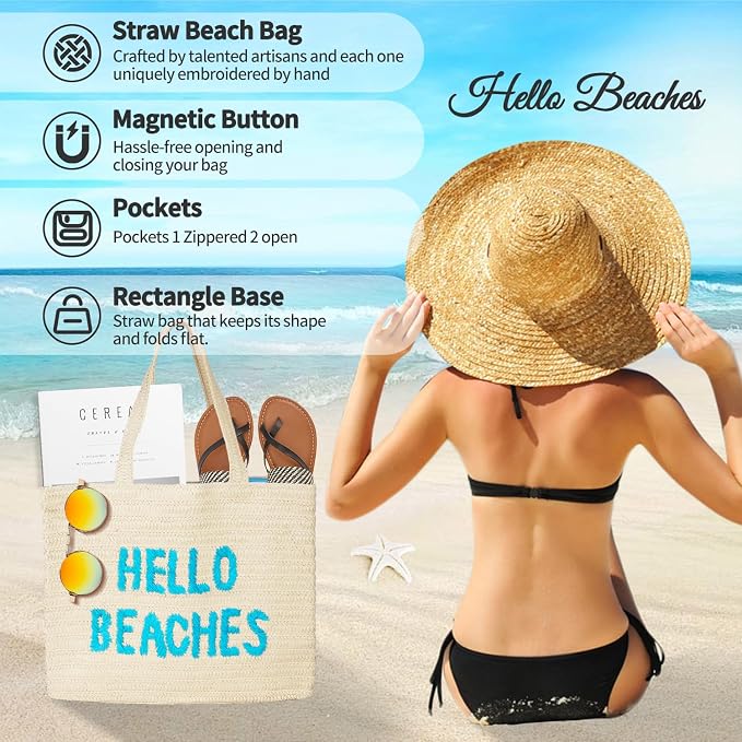Hello Beaches A Packable Beach Bag | The Straw Beach Tote Bag of 2025 | Beach Bags for Women Vacation | Large Beach Bag - Image 2