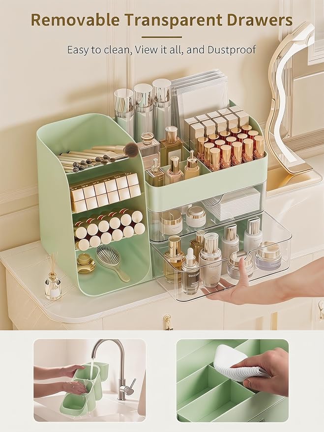 Booklov Small Makeup Organizer for Vanity and Bathroom Countertop, Green | Clear Acrylic Cosmetic Display Case, Beauty Brush Holder for Dresser Counter Skincare Eyeshadow Lipstick Perfume Storage - Image 5