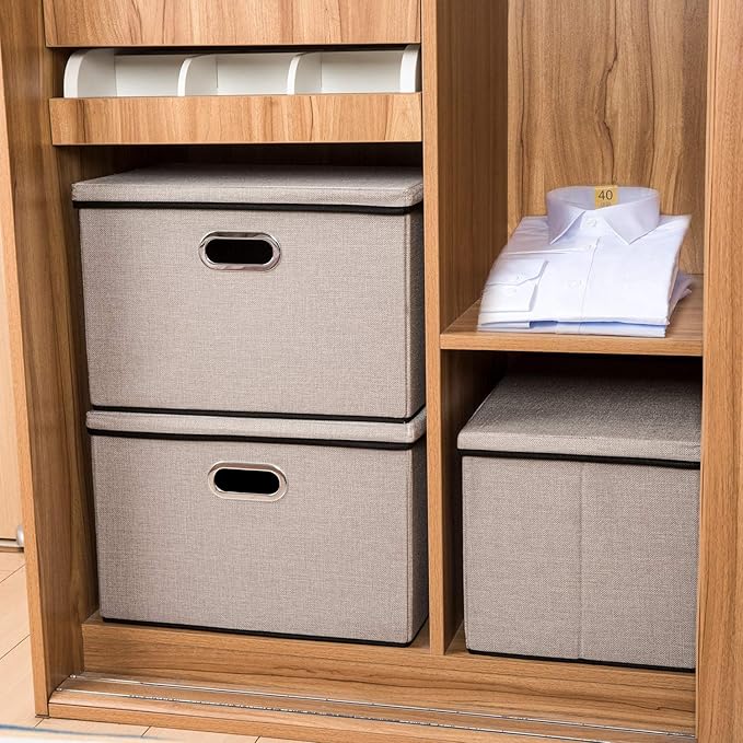 PRANDOM Large Foldable Storage Bins with Lids [3-Pack] linenFabric Decorative Storage Boxes Organizer Containers Baskets Cube with Handles Divider for Bedroom Closet Office Light Grey(17.7x11.8x11.8) - Image 4