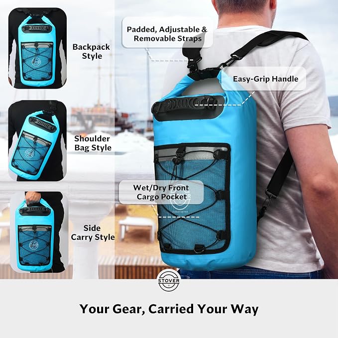 STOVER 5/10/25/30/40L Waterproof Dry Backpack & Phone Case- Large Floating Dry Bag for Kayaking, Travel, Hiking, Fishing, Camping, Motorcycles & Beach, Heavy-Duty Roll Top Men/Women (Blue) - Image 3