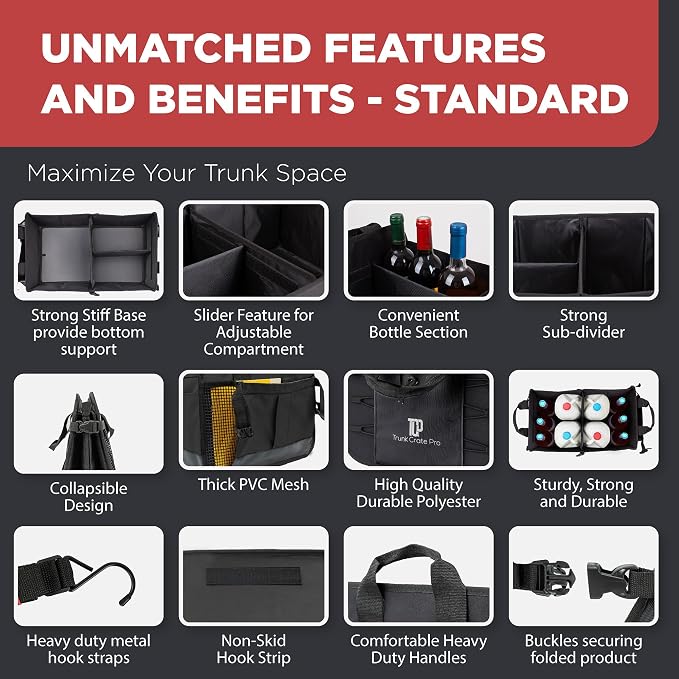 Car & Vehicle Trunk Organizer for SUV, Truck & Auto Storage, Black | Fits Cars, SUVs & Trucks 3 Adjustable Compartments Non-Slip Base & Straps Collapsible Heavy-Duty Storage Car Accessories - Image 4