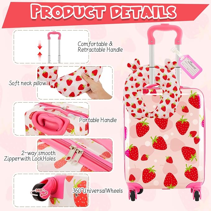 Sanwuta 4 Pcs Kids Luggage Set Back to School Gifts for Girls Boys Carry On Rolling Suitcase Backpack Neck Pillow Travel Set(17 Inch,Strawberry Style,Light Pink) - Image 4