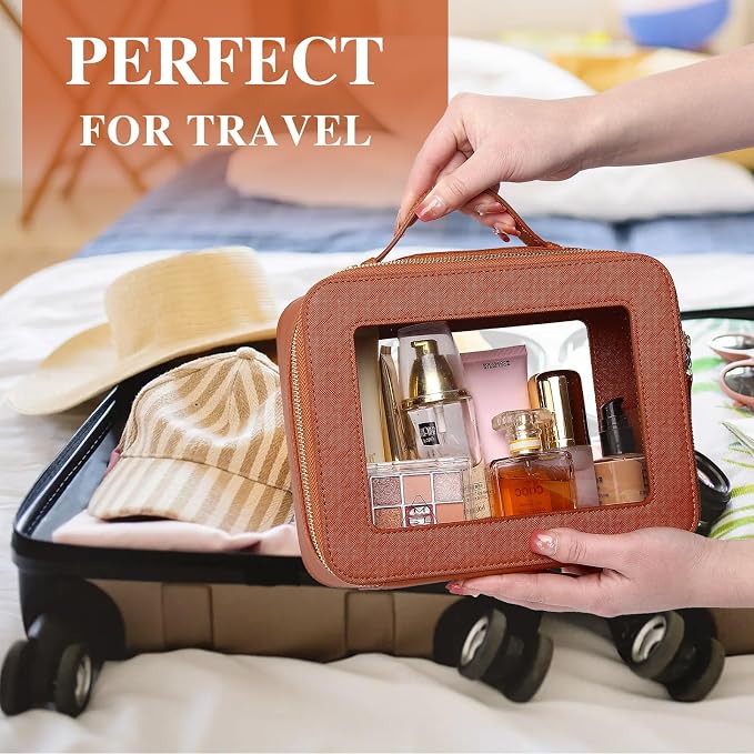 Pinkmik Clear Makeup Bag with Brush Bag 3pcs Waterproof Travel Case for Cosmetics and Toiletries Women's Makeup Organizer with Zipper (X/Brown, L+M+SLIM) - Image 5