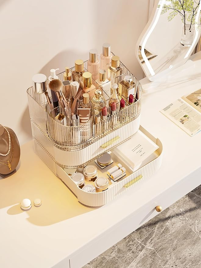 360° Rotating Makeup Organizer with Drawer, Clear Acrylic Cosmetic Storage Display, Stackable Beauty Counter (Clear, Large (Tray + 1 Drawer)) - Image 4