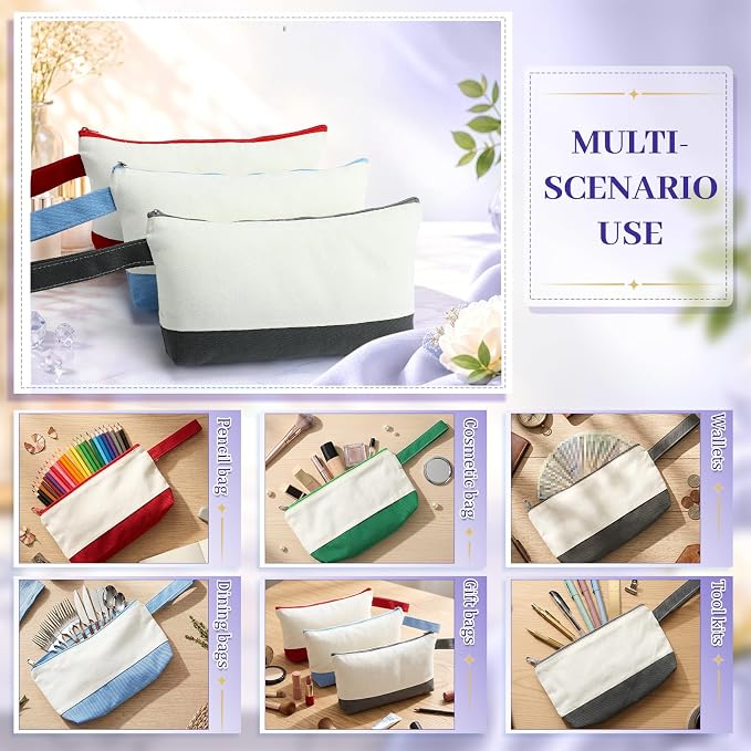 Silkfly 48 Pcs Cotton Canvas Makeup Bags Cosmetic Zipper Bags 10.2 x 5.5 x 2'' Blank DIY Pouch Bulk Pencil Case with Bottom Travel Toiletry Pouch for Women Craft Decor Gift (Beige and Multi Colors) - Image 5