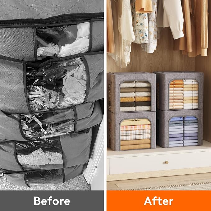 Lifewit Clothes Storage Bins with Metal Frame, Stackable Storage Box, Foldable Clothing Storage Bins with Lids, 40L Storage Bags Fabric Box Organizer with Clear Window＆ Zippers＆ Sturdy Handles 4 Pack - Image 8