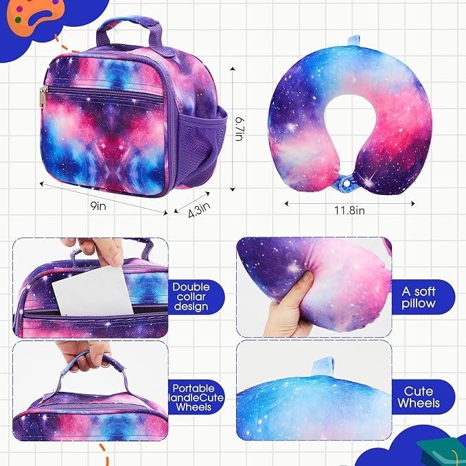 Redbaker 6 Pcs Kids Luggage Set, 17 Inch Rolling Suitcase with Backpack Lunch Bag Neck Pillow, Starry Sky Travel Set for Summer Vacation Sleepover Back to School Gift - Image 5