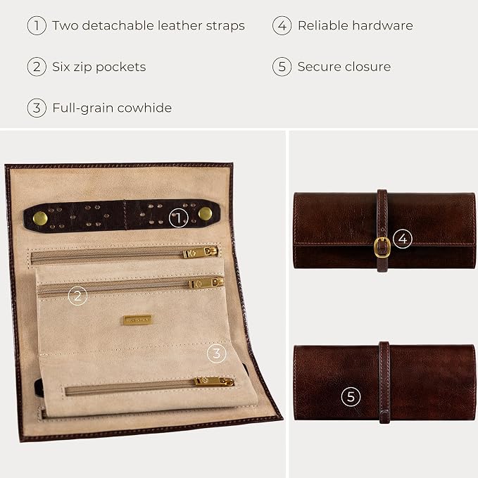 Time Resistance Leather Jewelry Roll - Full Grain Leather Travel Jewelry Case - Jewellery Organizer Made in Italy (Brown) - Image 6