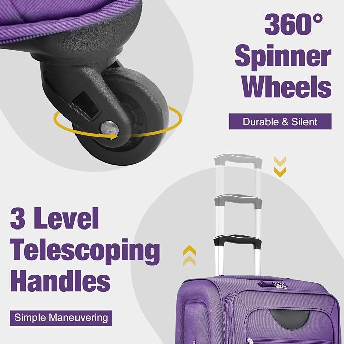 Merax Luggage Set, Softside Suitcase 3 Piece, Expandable Lightweight | Luggage Sets with Duffel Bag 22" 26" 30" Suitcase with Wheels TSA Lock,Purple - Image 6
