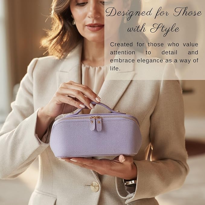 VENOULT Makeup Bag, Spacious Cosmetic Case for Women, Portable 180° Wide-Open Flat Cosmetic Bag, Travel Toiletry Organizer with Handle, Hanmdade, Full Grain Genuine Turkish Leather (Mauve) - Image 6