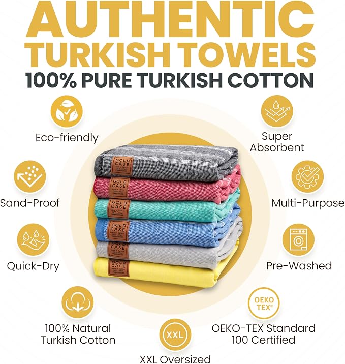 Gold CASE LYCIA Turkish Beach Towel Set of 6 – 100% Cotton Turkish Beach Towels Bulk 70 x 38'' – LYCIA Oversized, Quick Dry & Sand Free Beach Towel – Lightweight Towels Set in Multi Color Tones - Image 4