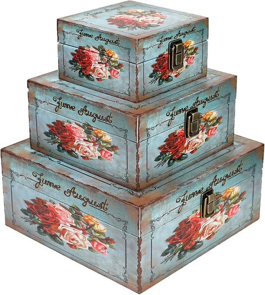 Jolitac Wood Storage Box Set of 3, Vintage Decorative Nesting Boxes Wooden Treasure Storage Crates With Latch, Home Decor Rustic Antique Boxes With Lid for Photos, Jewelry, Cash (Bloom) by Jolitac