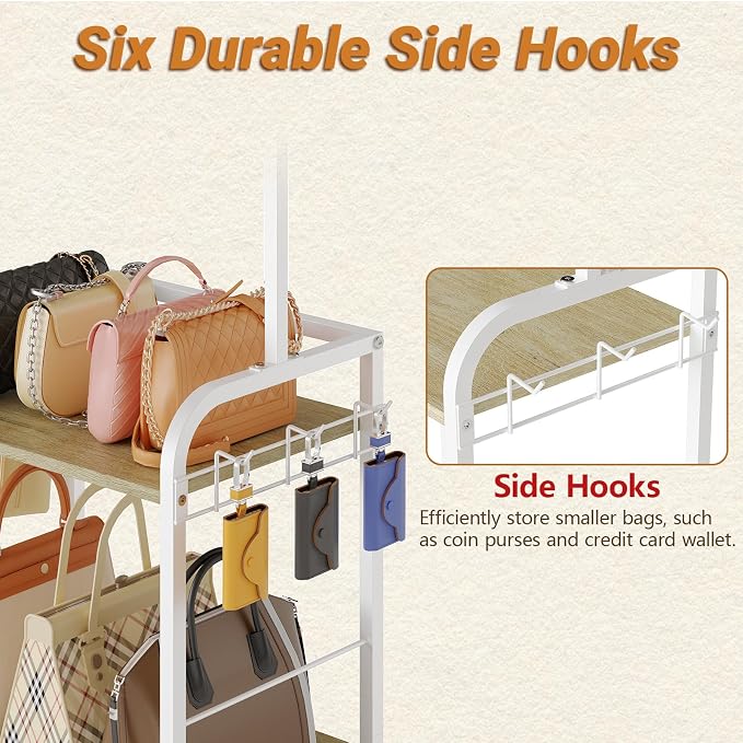 Tall Purse Organizer Stand with 3-Tier Thick Wood + 1-Tier High-Density Mesh, Adjustable Interchangeable, Slim Narrow Freestanding Handbag Rack with 5 Large & 6 Side Hooks, Closet Bag Storage White - Image 9
