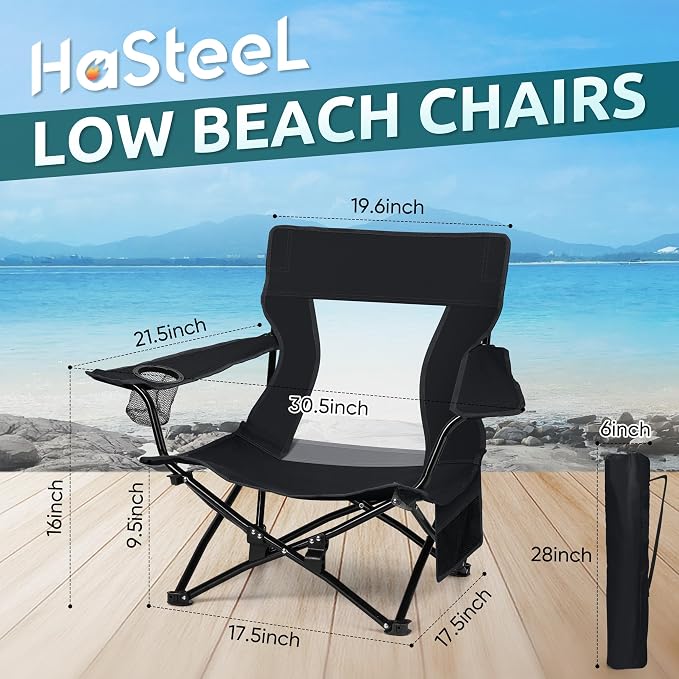 HaSteeL Folding Beach Chair Set of 2, Foldable Black Camping Chairs for Outside, Low Beach Chair Portable for Adults Fishing, Picnic, Outdoor BBQ, Travel, Sports, Cup Holder & Storage Bag - Image 2