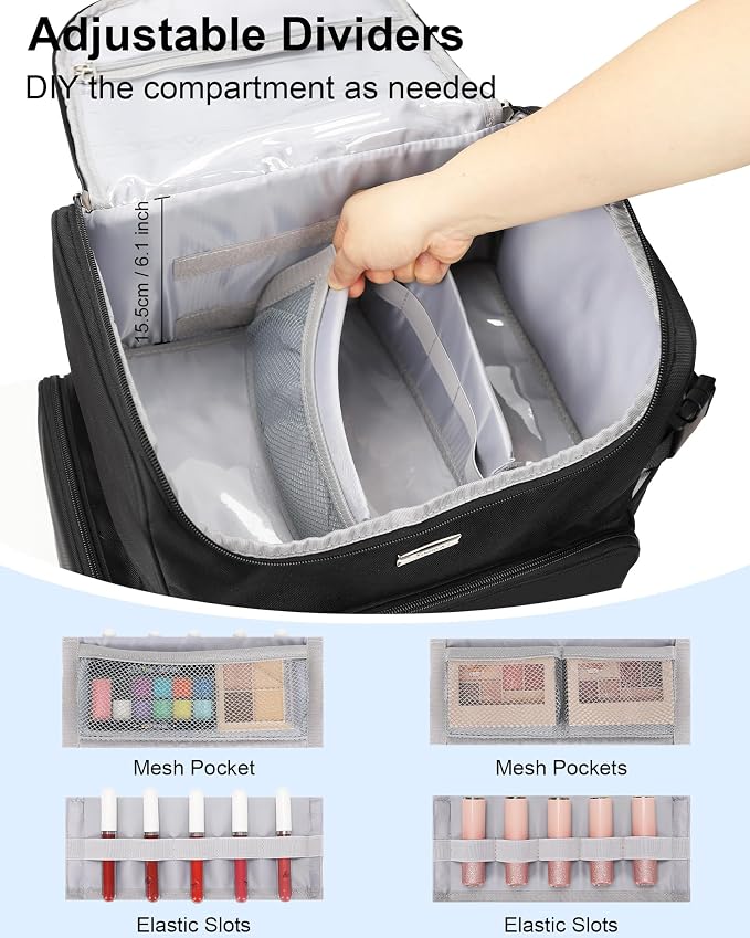 Relavel Makeup Backpack Large Makeup Bag with 3 Clear Set Bags, Dual Layer Professional Cosmetic Organizer Travel Train Case Makeup Artist Kit with Adjustable Dividers & Easy to Clean Lining, Black - Image 4