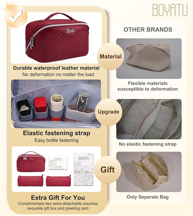 BOYATU Travel Makeup Bags Cosmetic Organizer Bag: 3 Pcs Set Large Capacity Make up Bag with Compartments - Waterproof Leather Toiletry Bags with Handle for Women (A-Red) - Image 2