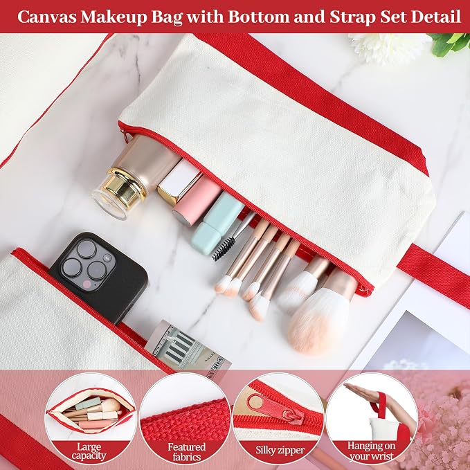 Silkfly 15 Pcs Cotton Canvas Makeup Bags Cosmetic Zipper Bags 10.2 x 5.5 x 2'' Blank DIY Pouch Bulk Pencil Case with Bottom Travel Toiletry Pouch for Women Craft Decor Gift (Beige and Red) - Image 3