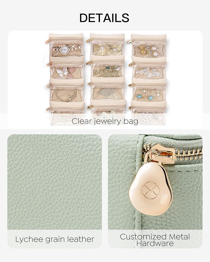 VLANDO Jewelry Organizer with 12 Velvet Jewelry Bags Travel Jewelry Case for Girls Premium Petal Hardware Jewelry Box Necklace Rings Earrings Bags Birthday Holidays Gifts for Self-Mint Green - Image 3