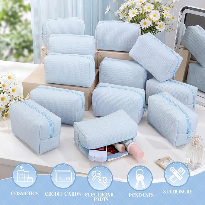 Gilprop 12 Pcs Holiday Gifts for Women Cozy Makeup Bag Portable Travel Waffle Toiletry Bag Soft Wedding Makeup Organizer Large Pouch with Zipper for Bridesmaid Friend (Light Blue) - Image 3
