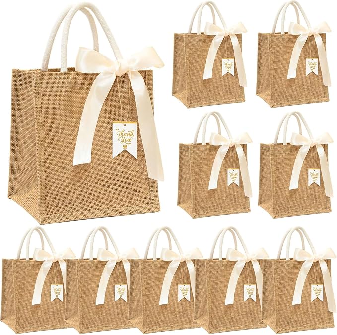 JollyFayre Small Burlap Gift Bags 10 Pack for Wedding Welcome, Bachelorette, Beach, Bridesmaid - Reusable Bulk Jute Bags with Cream Ribbons by JollyFayre