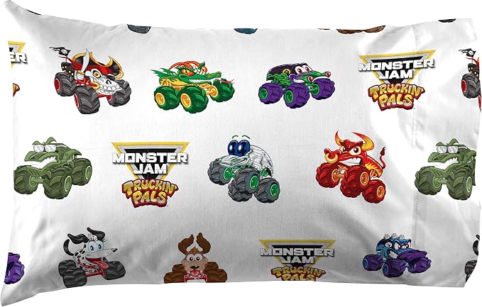 Jay Franco Kids Sheet Set with Fitted, Flat Sheets & Pillow Cover - Ultra-Soft Bedding with Pillowcase for Room Decor, White - Monster Jam, 3 Piece Toddler - Image 2