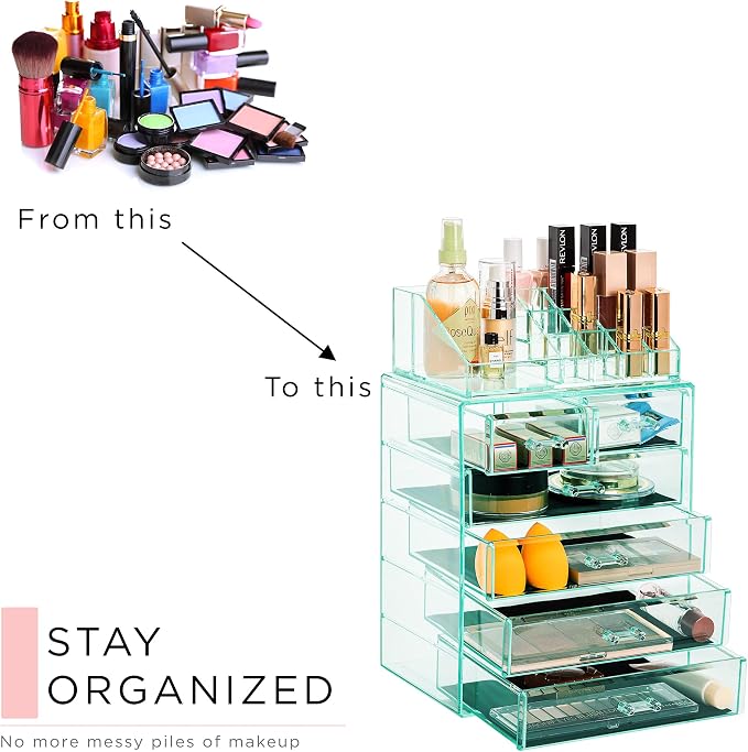 Sorbus Acrylic Makeup Organizer Set, 6-Drawer Vanity & Countertop Cosmetic Storage with Small & Wide Compartments, Teal Thrill Makeup Storage for Brushes, Jewelry – Holiday Gift for Women & Teens - Image 7