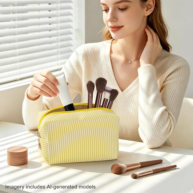 Makeup Bag Set for Women, 4PCS Travel Cosmetic Bags Pencil Case, Striped Seersucker Toiletry Organizer Pouches, Cute Makeup Pouch for Purse, Accessories and Gifts, Yellow - Image 5