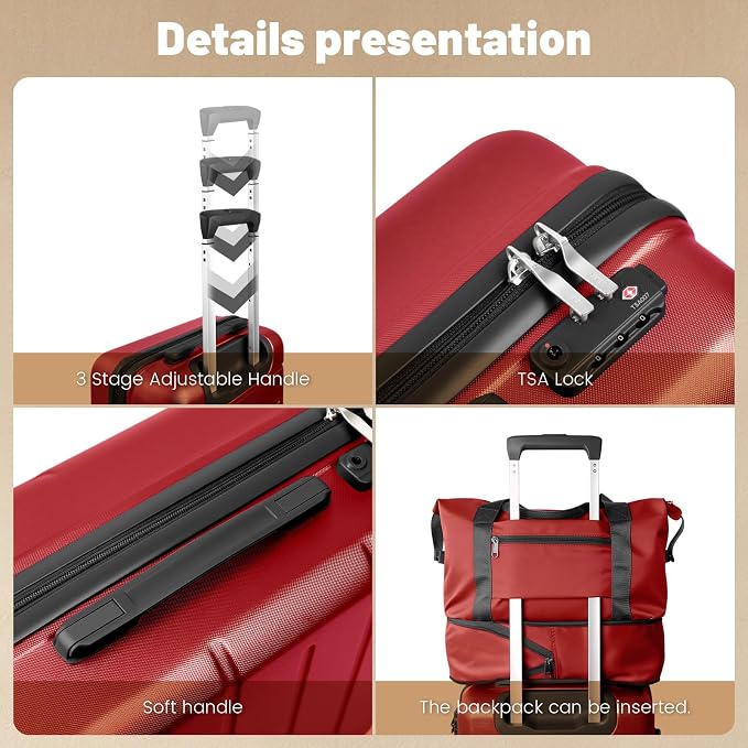 5-Piece 20" 24" 28" ABS Hardshell Luggage Set, Lightweight Suitcase with TSA Lock & Quiet Spinner Wheels for Business and Family Travel (20/24/28/DB/TB Vibrant Red) - Image 3