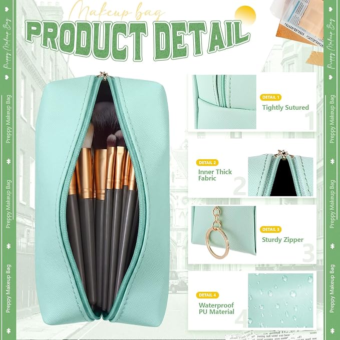 Chunful 24 Pcs Preppy Makeup Bag PU Leather Cosmetic Bag Bulk Makeup Plain Pouch Waterproof Toiletry Purse for Women Traveling Preppy Pencil Case Valentine's Day Gifts (Mint Green) - Image 3