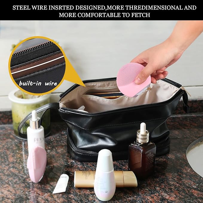 Abiudeng Large Capacity Makeup Bag Ladies Cosmetic Bag Travel Bag with Compartments Portable PU Leather Travel Makeup Bag with Handle - Image 3