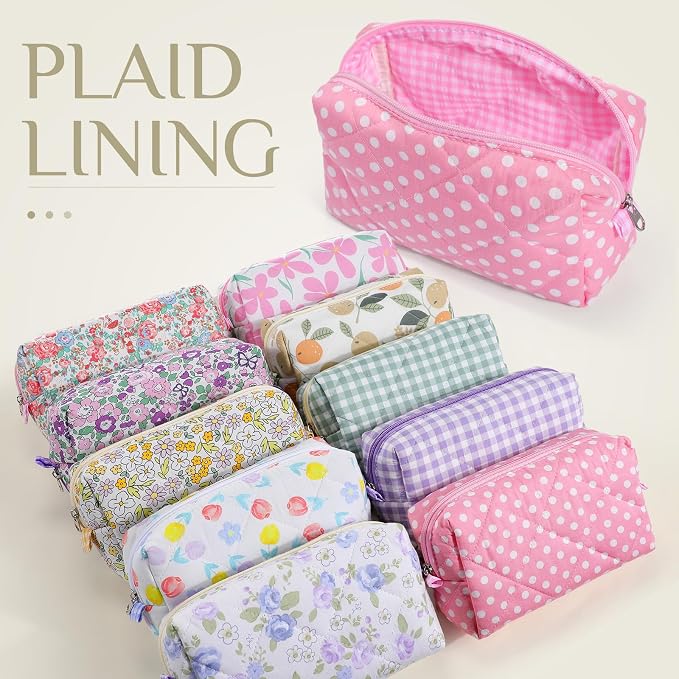 Paterr 10 Pcs Quilted Makeup Bag Bulk Cotton Floral Cosmetic Bag Women Girls Bridesmaid Gifts Cute Makeup Pouch Coquette Aesthetic Travel Toiletry Organizer(Gingham Floral,7.87 x 4.72 x 3.15 Inches) - Image 3