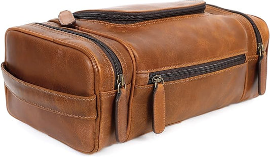 ELIZO Real Leather Toiletry Bag for Men - Extra Large Hanging Travel Organizer for Toiletries, Ideal for Dopp Kit & Shaving Kit for Men, Essential Mens Travel Toiletry Bag for Toiletries (Cognac) by Elizo