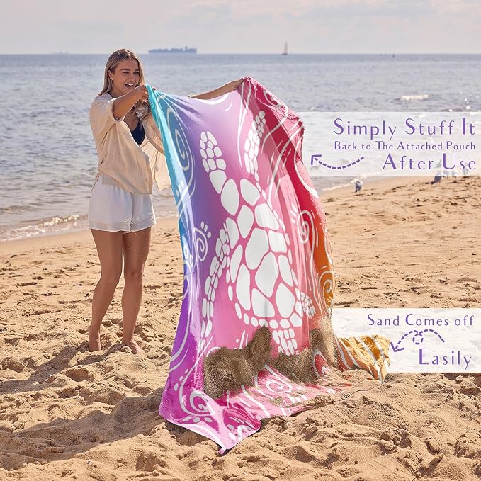 WEKAPO Beach Blanket Waterproof Sandproof Oversized Extra Large Sand Free Beach Mat with Stakes, Storage Bag - Essentials for Outdoor Beach, Picnic (Pinkish Purple Sea Turtle, 11 X 9 FT (1~10 Person)) - Image 5