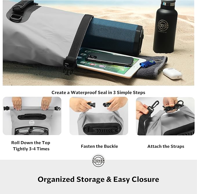 STOVER 5/10/25/30/40L Waterproof Dry Backpack & Phone Case- Large Floating Dry Bag for Kayaking, Travel, Hiking, Fishing, Camping, Motorcycles & Beach, Heavy-Duty Roll Top Men/Women (Grey) - Image 5